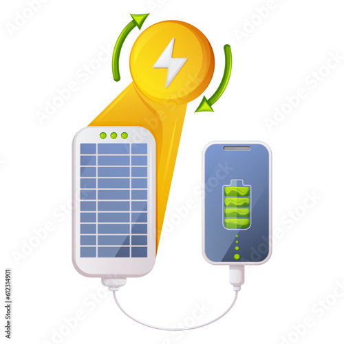 Portable solar panel for phone charging. Alternative, eco friendly, sustainable, renewable energy source. Concept of zero emissions by 2050, co2 neutral, net zero. Ecology environment improvement.