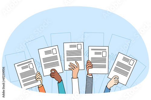 Diverse people hands raise up holding resume or CV offer candidacy at open position. Applicants or candidate apply for job. Employment and competition. Hiring and hr. Vector illustration.