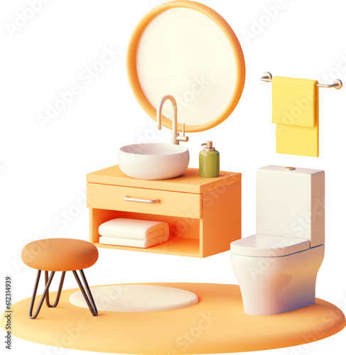 Vector modern bathroom with ceramic white toilet bowl illustration. Wooden counter, sink and mirror, towel hanger and stool