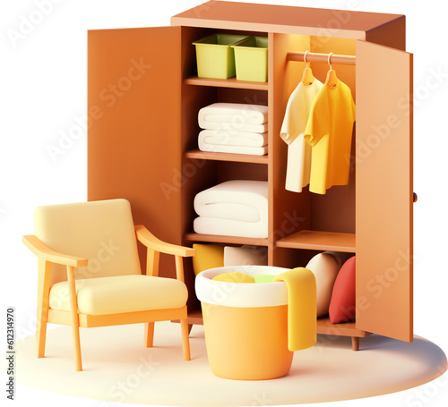 Vector modern wardrobe with clothes. Armchair and laundry basket
