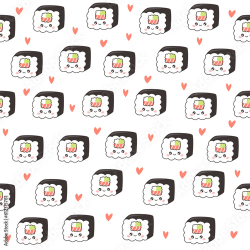 Seamless vector pattern. Cute smiling sushi, sushi with shrimp. Rolls, Japanese food. Vector illustration