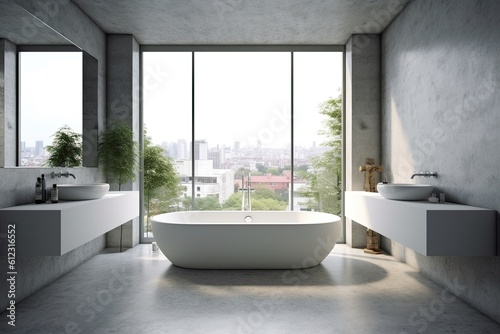 Interior of modern bathroom with white walls  concrete floor  comfortable white bathtub standing near the window