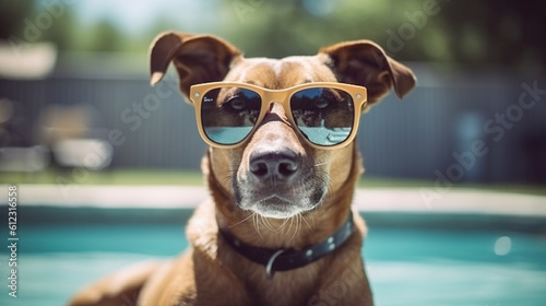 Groovy dog sitting by the pool wearing sunglasses in the summertime © Caseyjadew