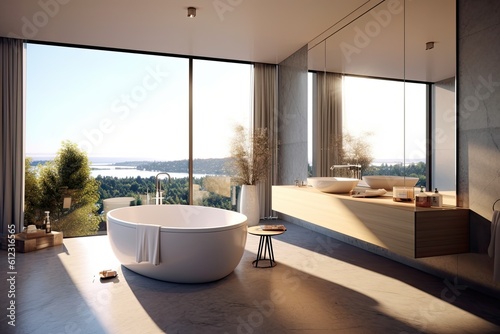 Interior of modern bathroom with white walls, concrete floor, comfortable white bathtub standing near the window © ffunn