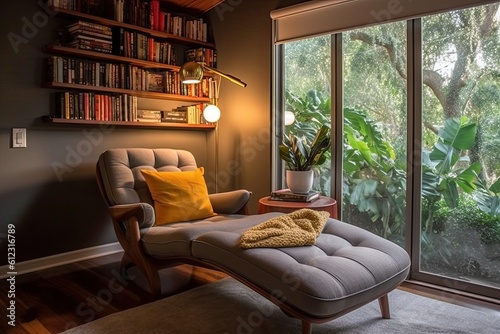 Modern interior of living room with leather armchair and bookcase