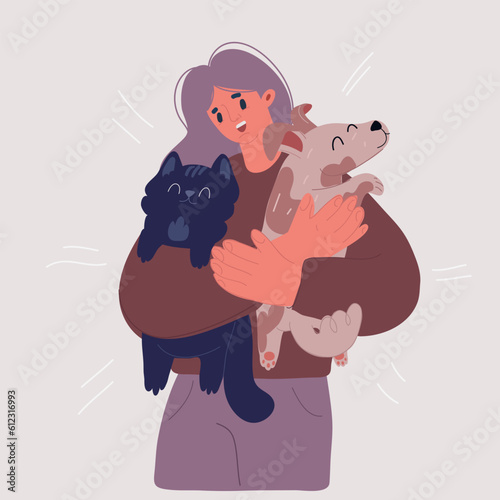 Vector illustration of woman hold pets portrait. Dogs, cats. Animal lover