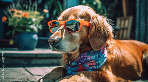 Groovy dog sitting by the pool wearing sunglasses in the summertime