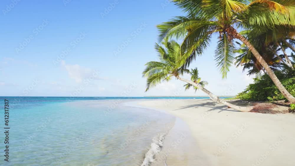Bounty exotic beach in the summer idyllic resort of a tropical island with palms on the Dominican coast. Turquoise ocean water and bright blue sky on a sunny day - a beautiful seascape. Bounty exotic beach in the summer idyllic resort of a tropical island with palms on the Dominican coast. Turquoise ocean water and bright blue sky on a sunny day - a beautiful seascape.