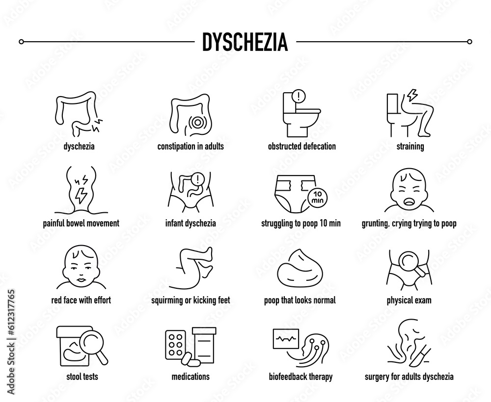 Dyschezia symptoms, diagnostic and treatment vector icon set. Line editable medical icons.