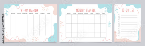 Planners and to-do list worksheet design template set. Blank printable goal setting sheets. Time management. Scheduling pages for organizing personal tasks. Amatic SC Bold, Oxygen Regular fonts used