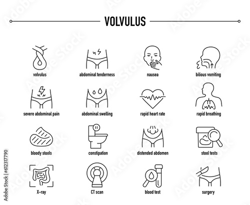 Volvulus symptoms, diagnostic and treatment vector icon set. Line editable medical icons.