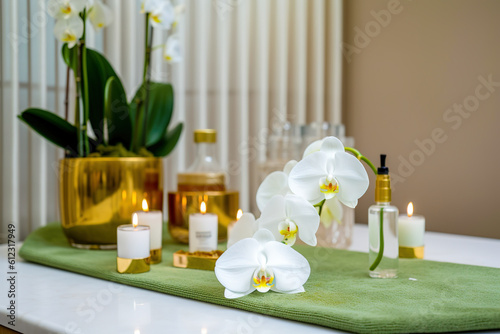 Luxury spa. Beauty spa treatment with candles and flowers.
