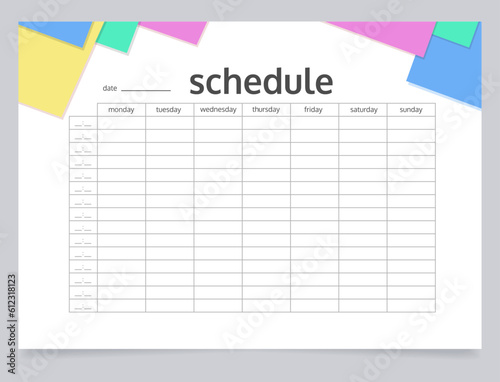 School timetable worksheet design template. Blank printable goal setting sheet. Time management sample. Scheduling page for organizing personal tasks. Barlow Bold, Oxygen Regular fonts used