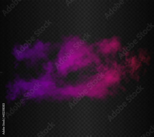 Purple, pink and red gradient futuristic colorful smoke clouds. Vector realistic magic color vibrant fog isolated on the semi transparent dark background