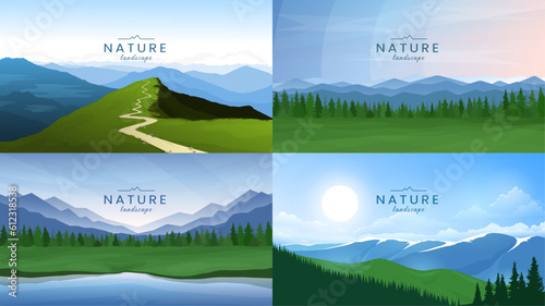 A set of mountain landscapes. Mountain peaks, green valleys and coniferous forest. Adventure tourism, hiking in the mountains, recreation in nature. Vector illustration for flyer, website, banner.