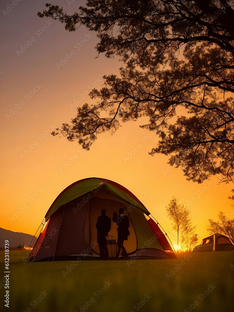 Silhouette of a couple in the middle of a tent in nature, Generative Ai illustration.