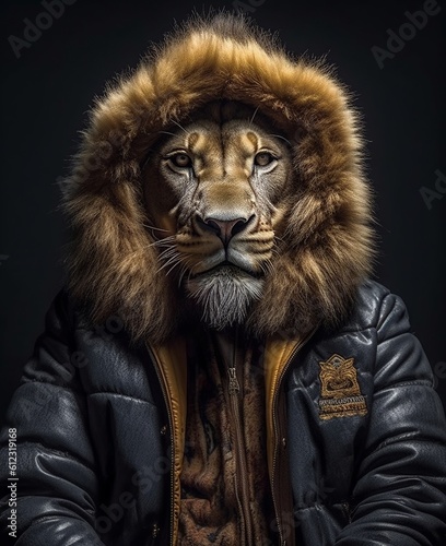 Young person with lion face. Expressive Fashion lion insprired. Generative AI.