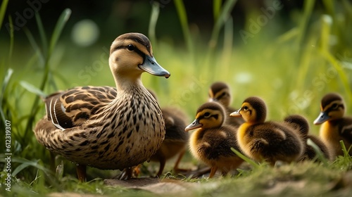 Mallard ducks is isolated on a grass background. Generative AI