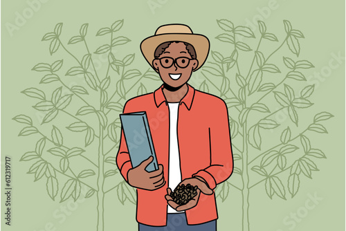 Smiling African American man gathering cocoa beans in garden. Happy black male with coffee beans on plantation. Agriculture and harvest. Vector illustration. 