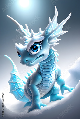 ice dragon baby in snow on white background, generative ai
