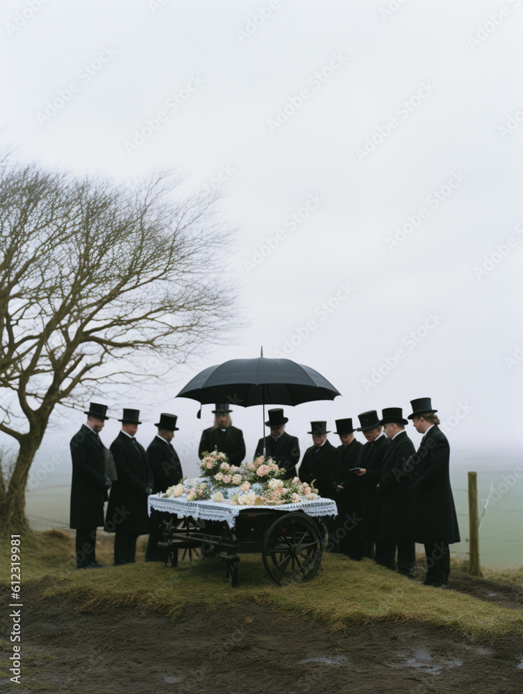 Cinematic scene of a funeral on a foggy scenario, created with ...