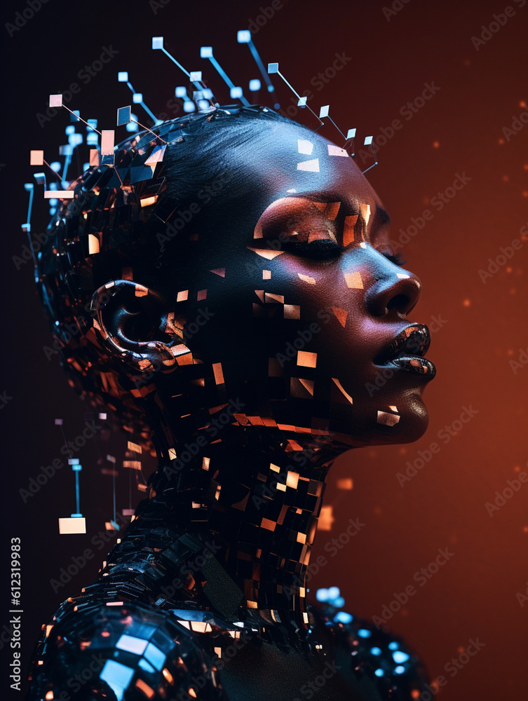 Portrait of a cyborg humanizing artificial intelligence, created with Generative AI technology Portrait of a cyborg humanizing artificial intelligence, created with Generative AI technology