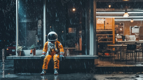 Astronaut alone in the streets at night, created with Generative AI technology