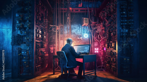 A hacker from the back working in an office, created with Generative AI technology