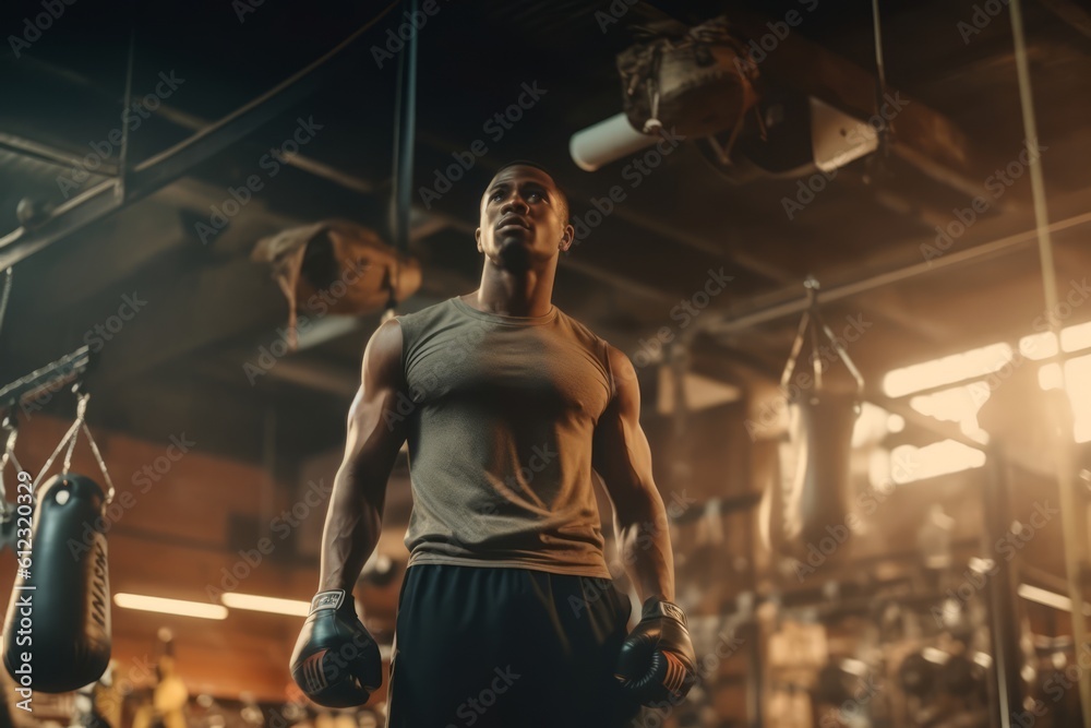 Male training in his gritty neighborhood gym, surrounded by punching bags, weights, and sweaty athletes. Generative AI