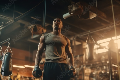 Male training in his gritty neighborhood gym, surrounded by punching bags, weights, and sweaty athletes. Generative AI