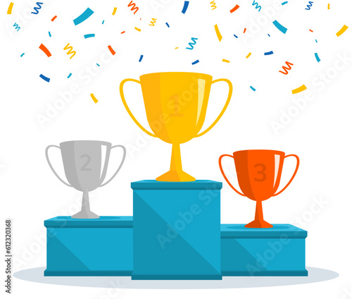 Winners podium with trophy cups and confetti. Vector award nomination background.