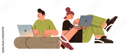 man woman couple using laptops social media communication digital addiction freelance concept