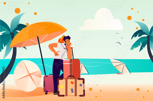 man traveler standing with luggage on tropical beach summer vacation holiday time to travel concept horizontal