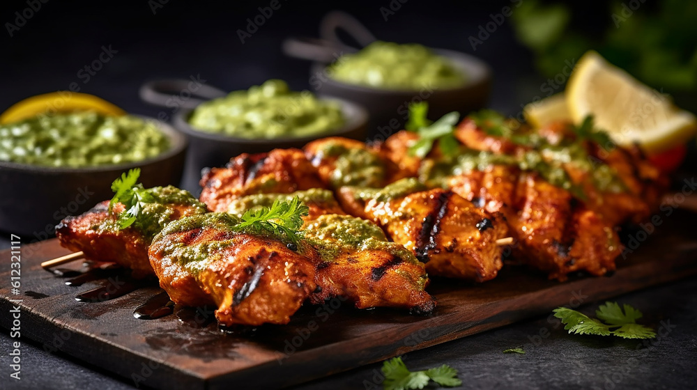 Generative AI. Tangy Tandoori Chicken Skewers with Spicy Mint Chutney Ultra-high quality