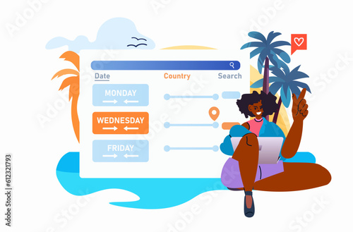 woman tourist using computer app for planning travel summer vacation holiday time to travel concept