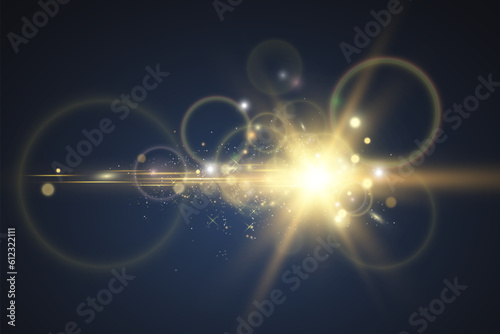 Special lens flash, light effect. The flash flashes rays and searchlight. illust.White glowing light. Beautiful star Light from the rays. The sun is backlit. Bright beautiful star. Sunlight.
