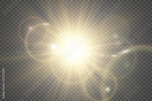 Special lens flash, light effect. The flash flashes rays and searchlight. illust.White glowing light. Beautiful star Light from the rays. The sun is backlit. Bright beautiful star. Sunlight.
