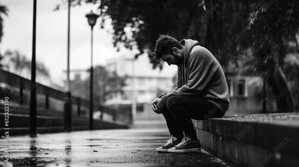 Depressed young man sitting on the street. Black and white photo. Generative AI. Depressed young man sitting on the street. Black and white photo. Generative AI.