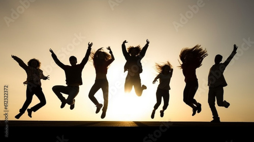 Happy jumping people silhouette. AI generated