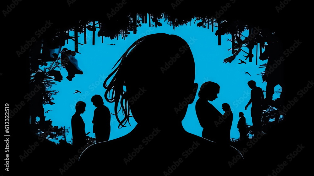 Silhouette of a woman in front of a background of peoples. Unstable Psycho. Generative AI.
