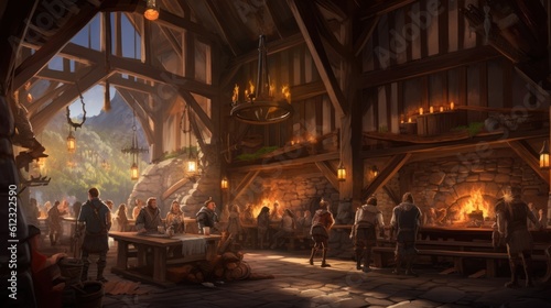 Medieval tavern, complete with wooden beams, a crackling fireplace, and patrons enjoying their drinks and meals