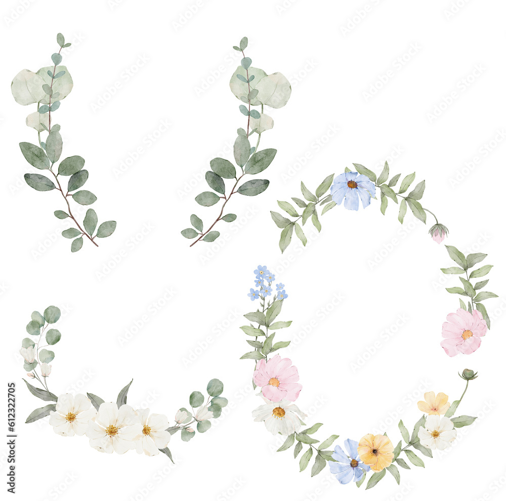 Fototapeta premium Set of watercolor wreaths. Blue, yellow, white, pink flowers.