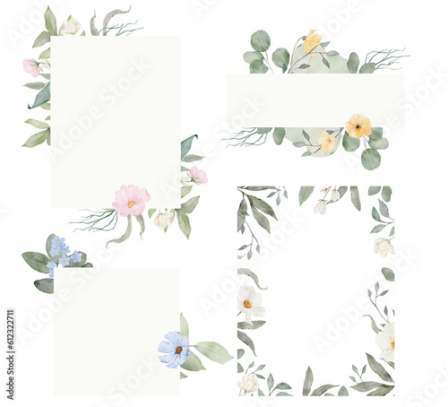 Set of watercolor frames. Blue  yellow  white  pink flowers.