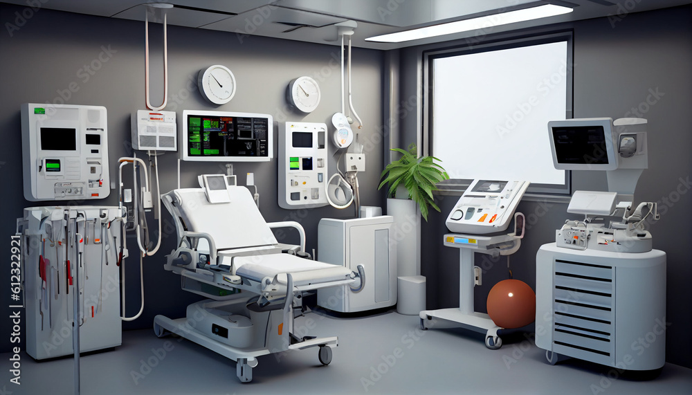 Interior of emergency room in modern clinic, nurses station and various medical equipment, 3D illustration on health care theme Ai generated image Interior of emergency room in modern clinic, nurses station and various medical equipment, 3D illustration on health care theme Ai generated image