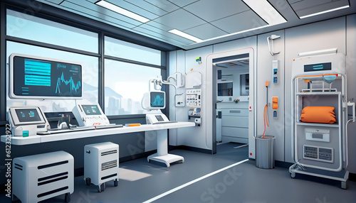 Interior of emergency room in modern clinic, nurses station and various medical equipment, 3D illustration on health care theme Ai generated image