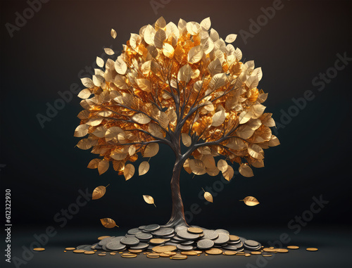 golden gold coin tree has coins on background