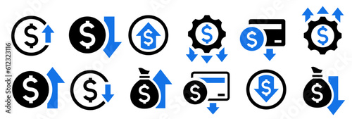 Cost reduction set. Vector low cost money. Cost increase set. Price reduced, discount icon. Financial concept. Vector illustration