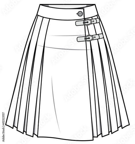 womens kilt skirt flat sketch vector illustration knee length pleated skirt technical cad drawing template photo