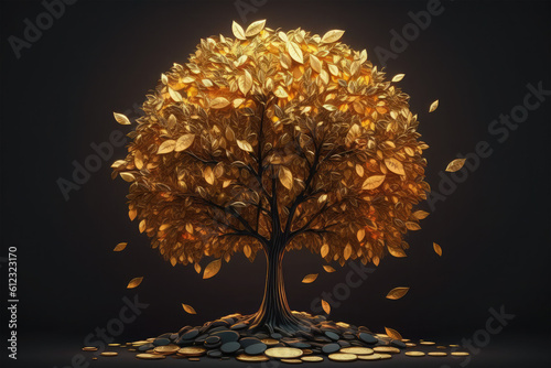 golden gold coin tree has coins on background