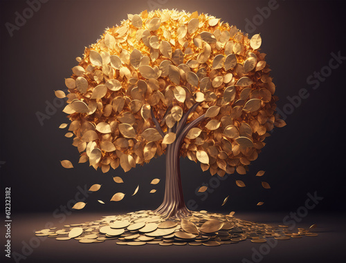 golden gold coin tree has coins on background